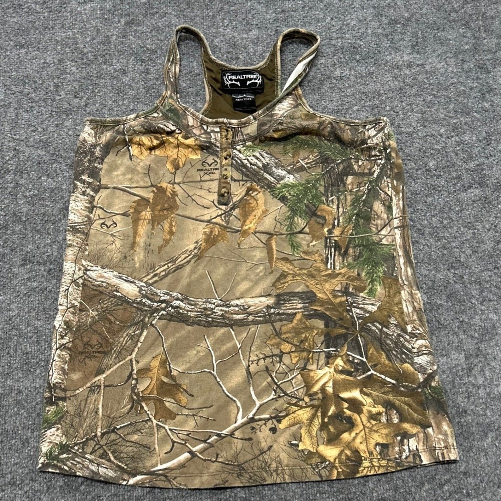 Realtree Tank Top Womens Size M Brown Camo Henley Racerback Outdoor Sleeveless